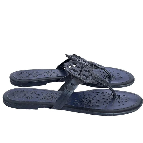 Tory Burch Miller Scallop Leather Sandals Navy Blue/Black Slide Women’s Size 10 - Picture 5 of 9